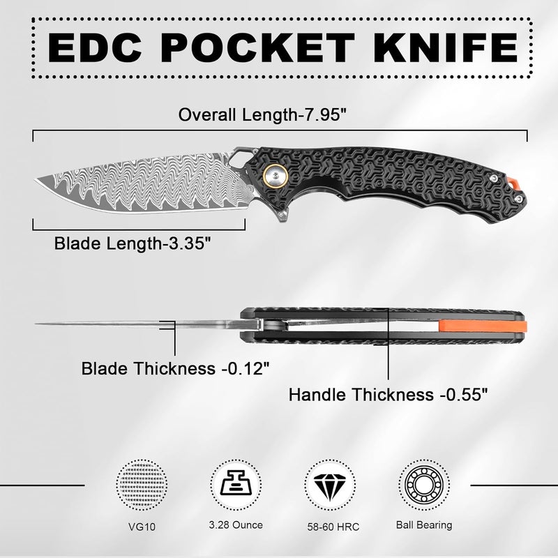 Zingbee Damascus Pocket Knife for Men Women, 3.35" VG10 Core Damascus Steel Blade Folding Knives with Black Aluminum Handle, EDC Camping Knife - Image 3